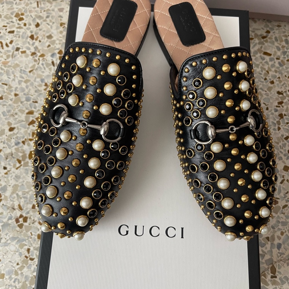 Gucci Princeton Pearl Studded Mules NWT! 37/7 black Horsebit NEVER WORN! Leather